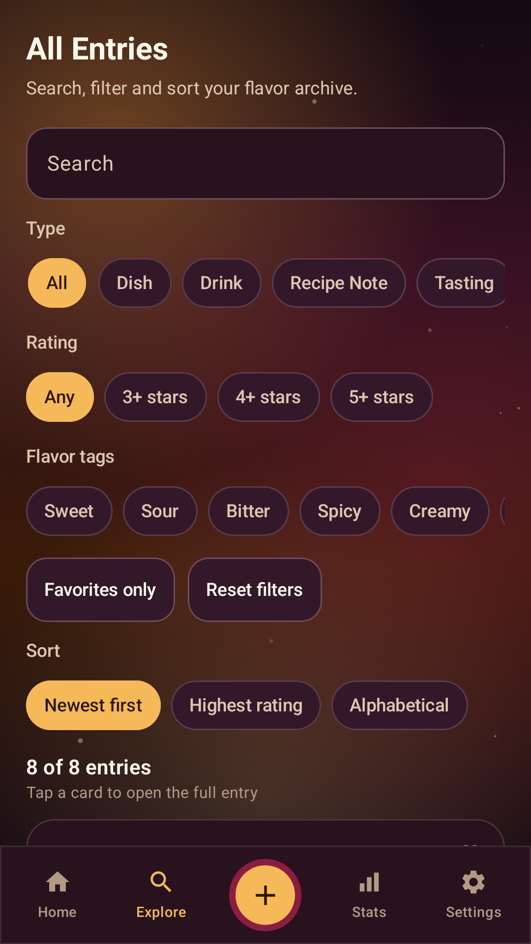 Flavor Journal archive filters screen